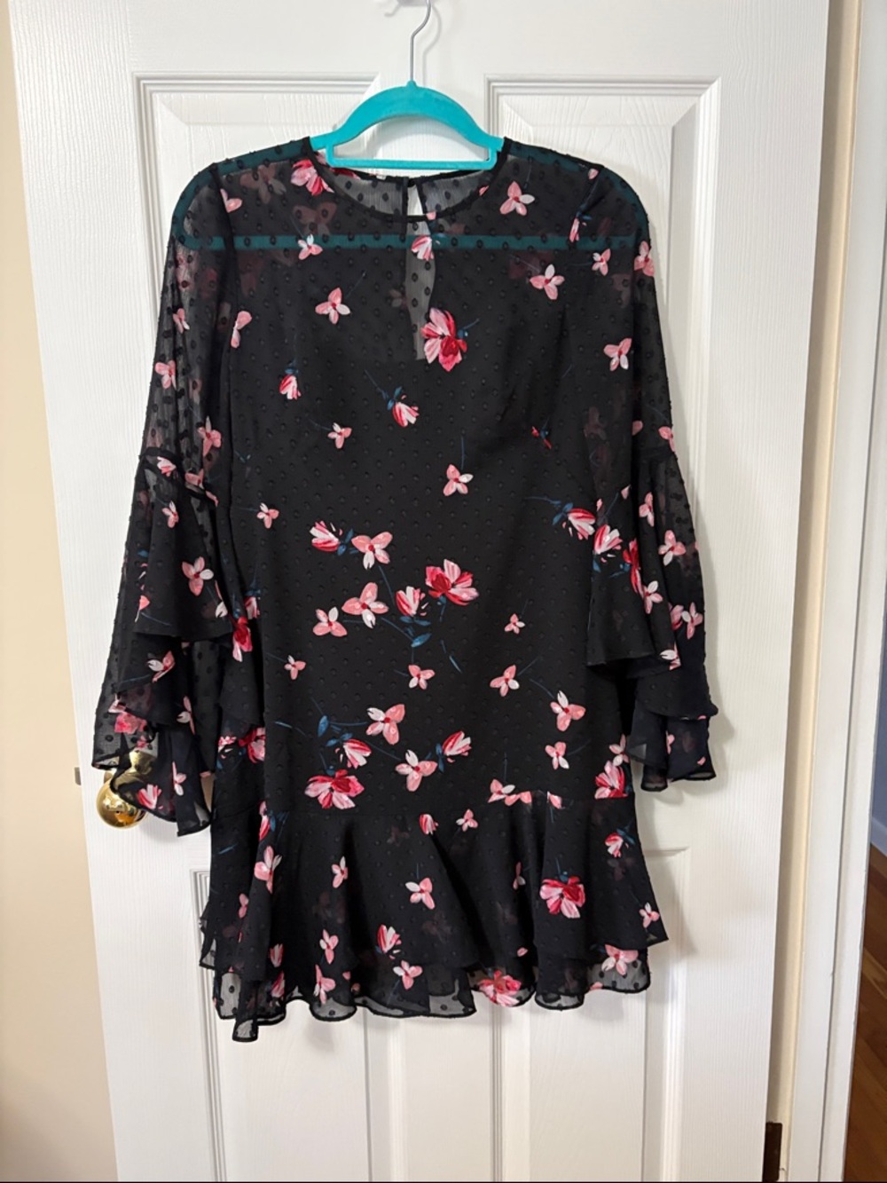 Eliza J Black Floral Ruffle Dress with Pink Print